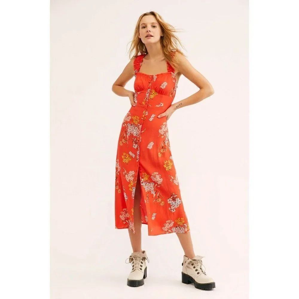 NEW FREE PEOPLE Sz M SCORPIO RISING FLORAL PRINTED SMOCKED MIDI DRESS